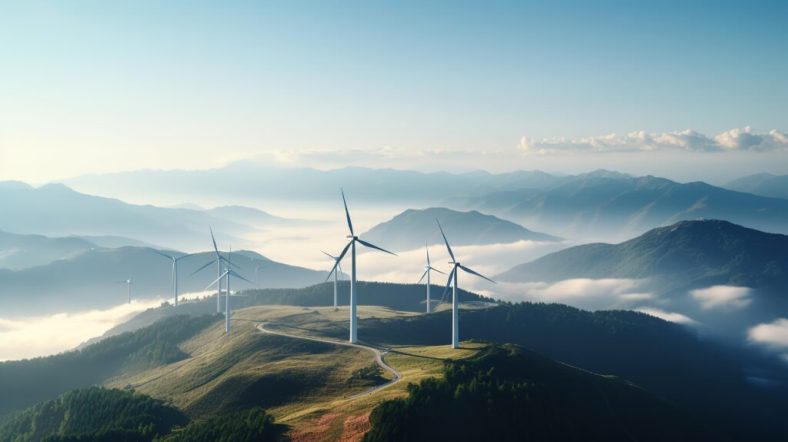 A clean energy industry: green energy wind farms on high mountains, aerial photography